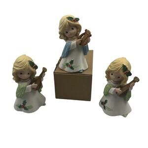 Vintage Set 3 Homco Christmas Ceramic Carolers Holiday Figurines Harp Mandolin